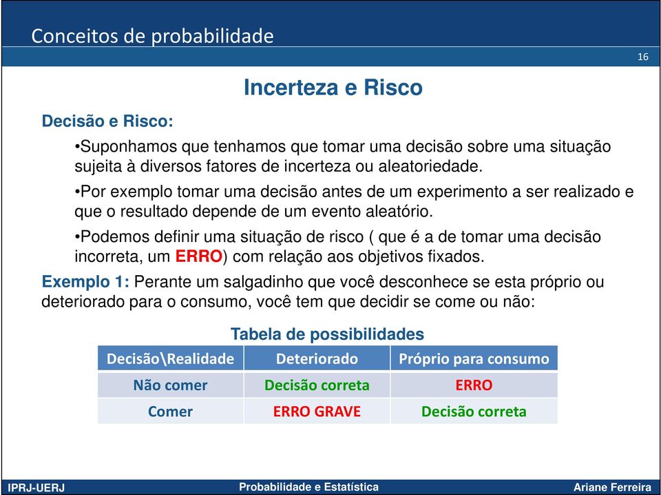 odemos definir uma situação de risco ( que é a de tomar uma decisão incorreta, um ERRO com relação aos objetivos fixados.