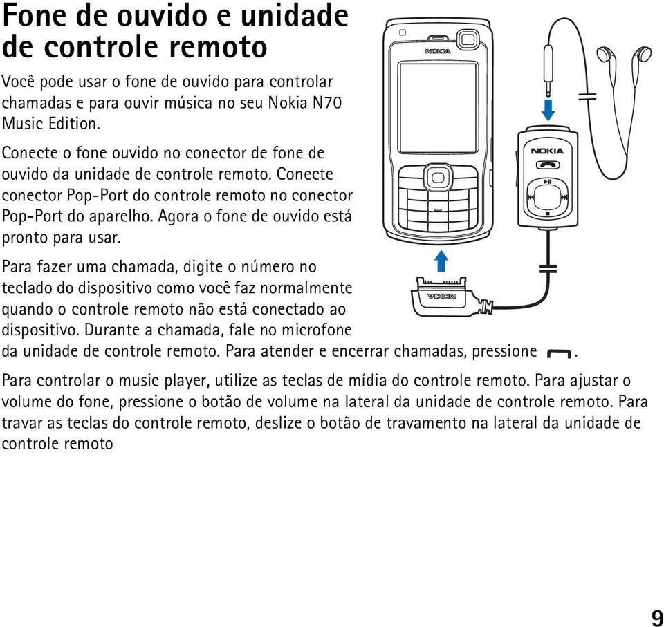 Agora o fone de ouvido está pronto para usar. Para fazer uma chamada, digite o número no teclado do dispositivo como você faz normalmente quando o controle remoto não está conectado ao dispositivo.