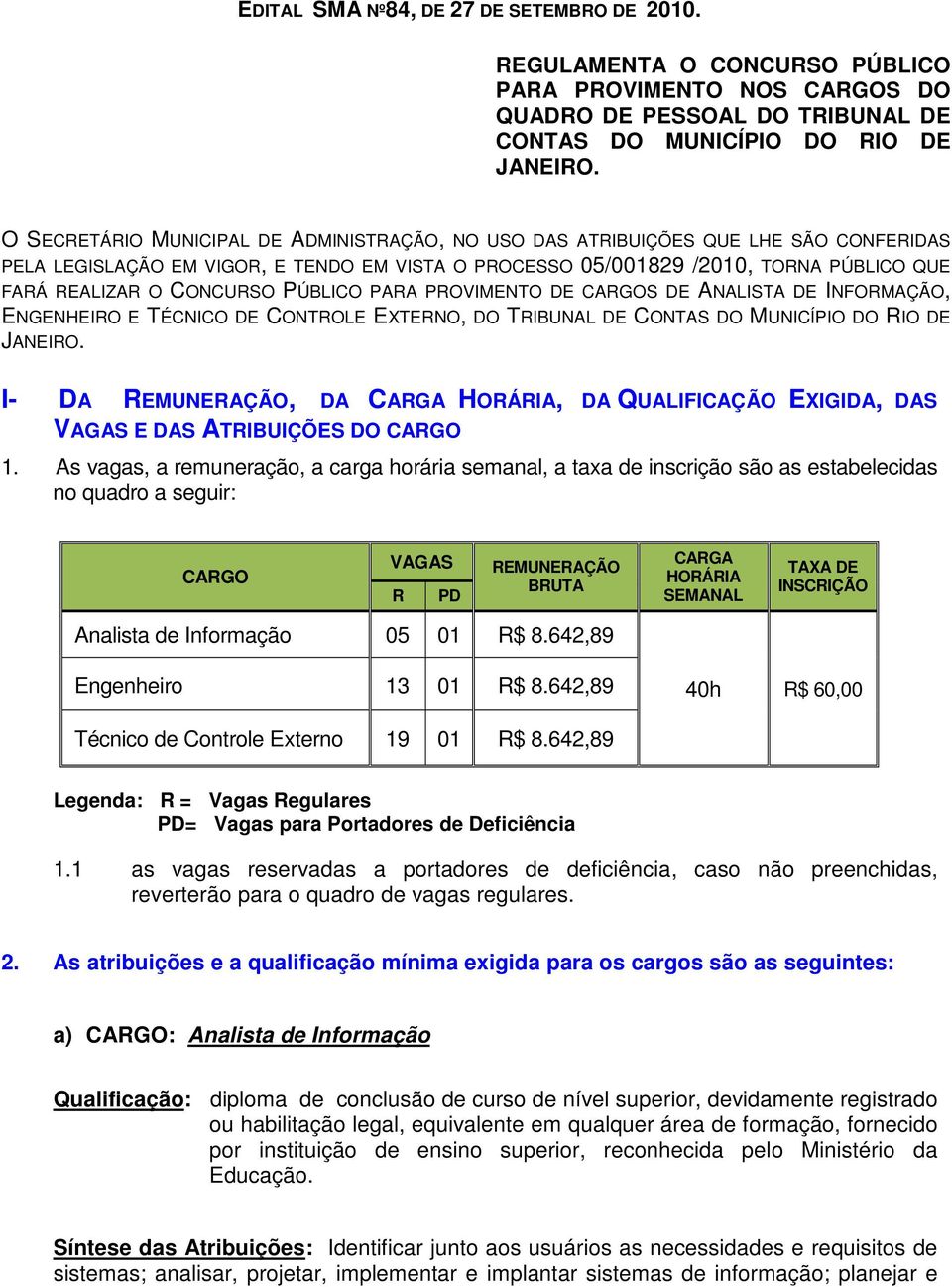 CONCURSO PÚBLICO PARA PROVIMENTO DE CARGOS DE ANALISTA DE INFORMAÇÃO, ENGENHEIRO E TÉCNICO DE CONTROLE EXTERNO, DO TRIBUNAL DE CONTAS DO MUNICÍPIO DO RIO DE JANEIRO.