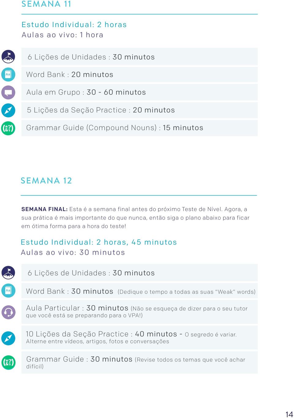 , 45 minutos Aulas ao vivo: 30 minutos Word Bank : 30 minutos (Dedique o tempo a todas as suas Weak words) Aula Particular : 30 minutos (Não se esqueça de dizer para o seu tutor