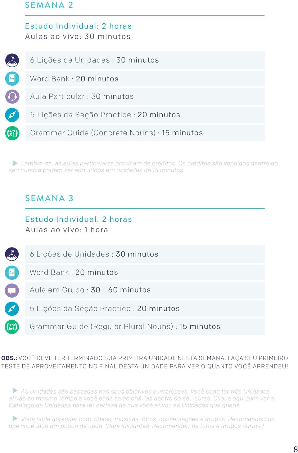 SEMANA 3 Aulas ao vivo: 1 hora Aula em Grupo : 30-60 minutos Grammar Guide (Regular Plural Nouns) : 15 minutos OBS.: VOCÊ DEVE TER TERMINADO SUA PRIMEIRA UNIDADE NESTA SEMANA.