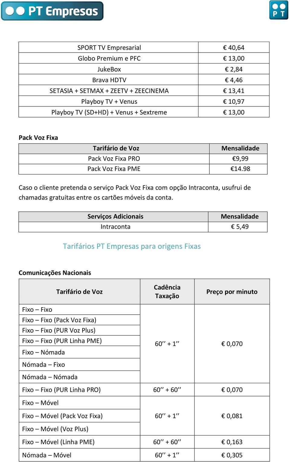 98 Caso o cliente pretenda o serviço Pack Voz Fixa com opção Intraconta, usufrui de chamadas gratuitas entre os cartões móveis da conta.