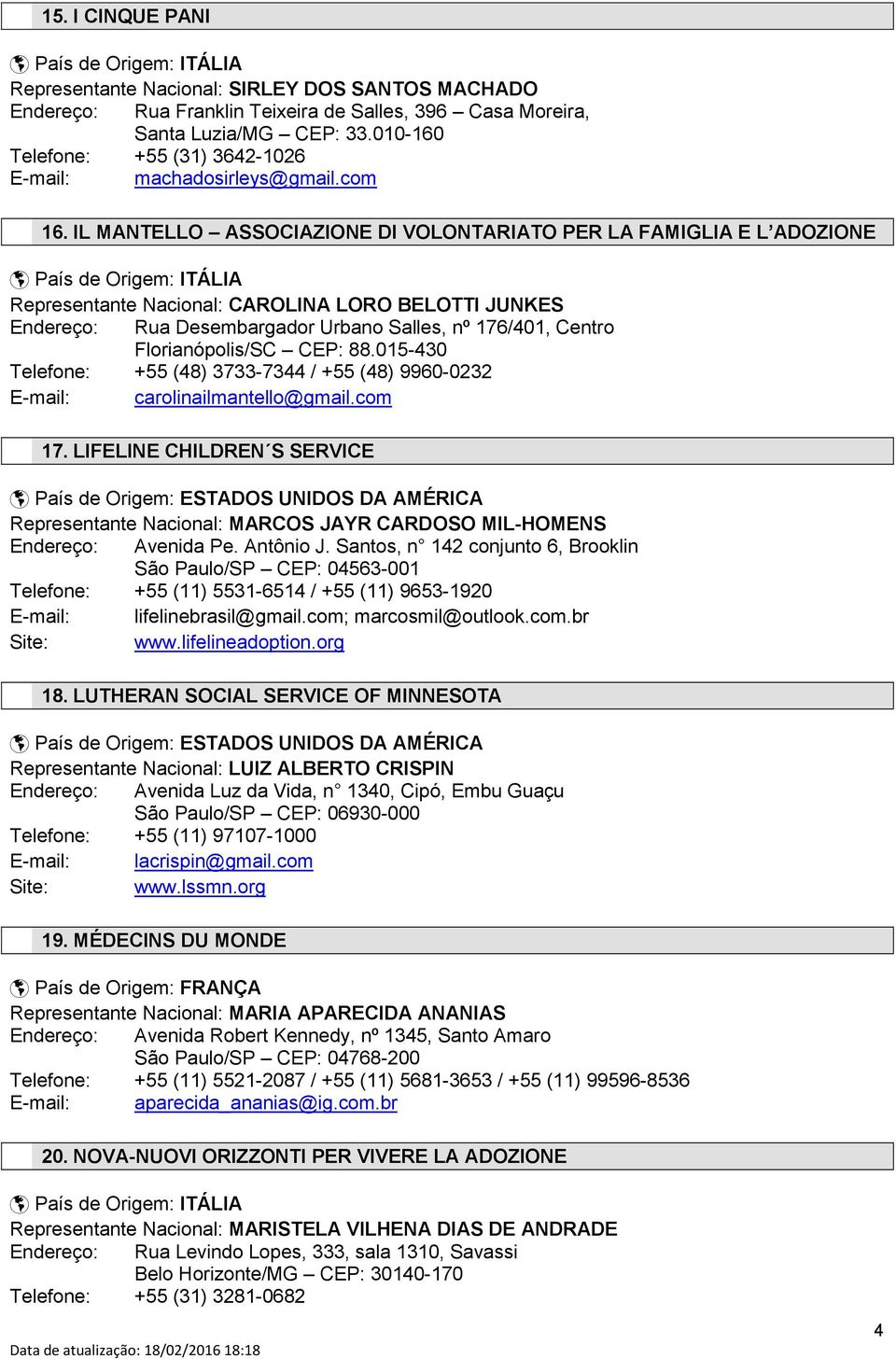 IL MANTELLO ASSOCIAZIONE DI VOLONTARIATO PER LA FAMIGLIA E L ADOZIONE Representante Nacional: CAROLINA LORO BELOTTI JUNKES Rua Desembargador Urbano Salles, nº 176/401, Centro Florianópolis/SC CEP: 88.