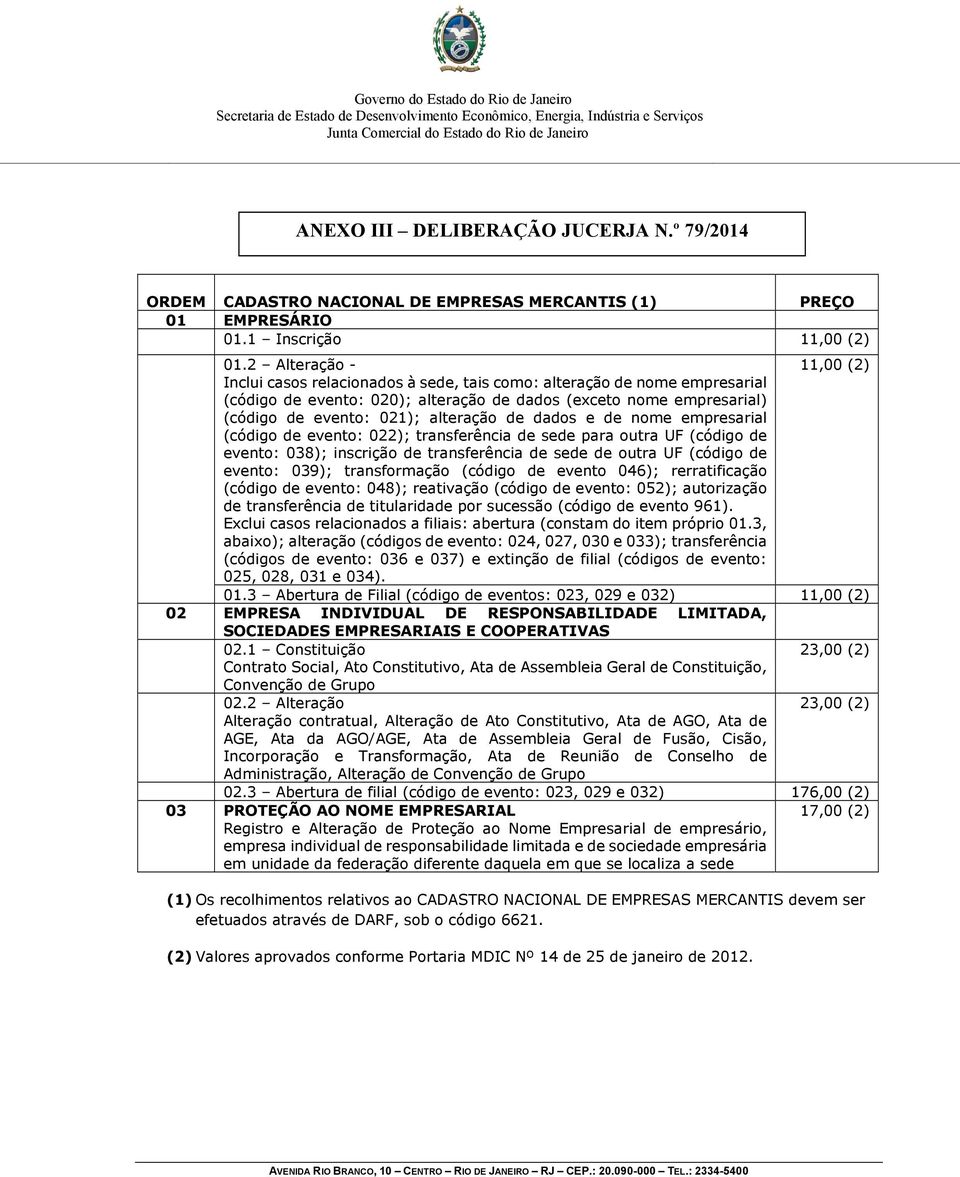 de dados e de nome empresarial (código de evento: 022); transferência de sede para outra UF (código de evento: 038); inscrição de transferência de sede de outra UF (código de evento: 039);