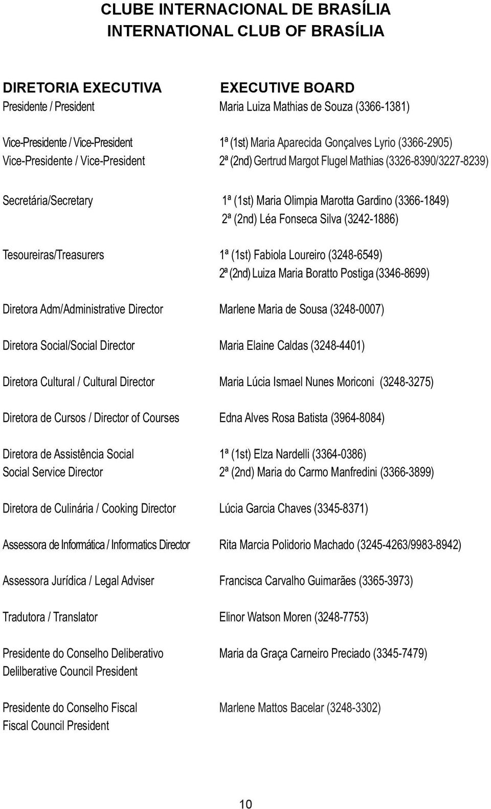 Gardino (3366-1849) 2ª (2nd) Léa Fonseca Silva (3242-1886) Tesoureiras/Treasurers 1ª (1st) Fabiola Loureiro (3248-6549) 2ª (2nd) Luiza Maria Boratto Postiga (3346-8699) Diretora Adm/Administrative