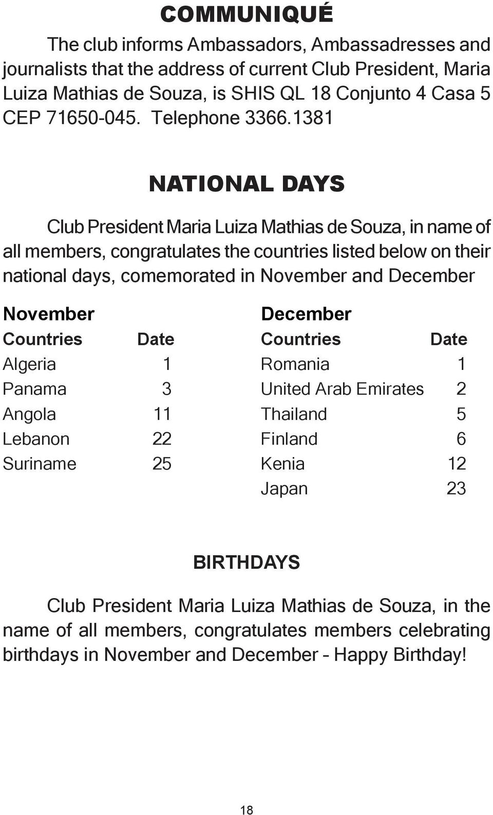 1381 National Days Club President Maria Luiza Mathias de Souza, in name of all members, congratulates the countries listed below on their national days, comemorated in November and