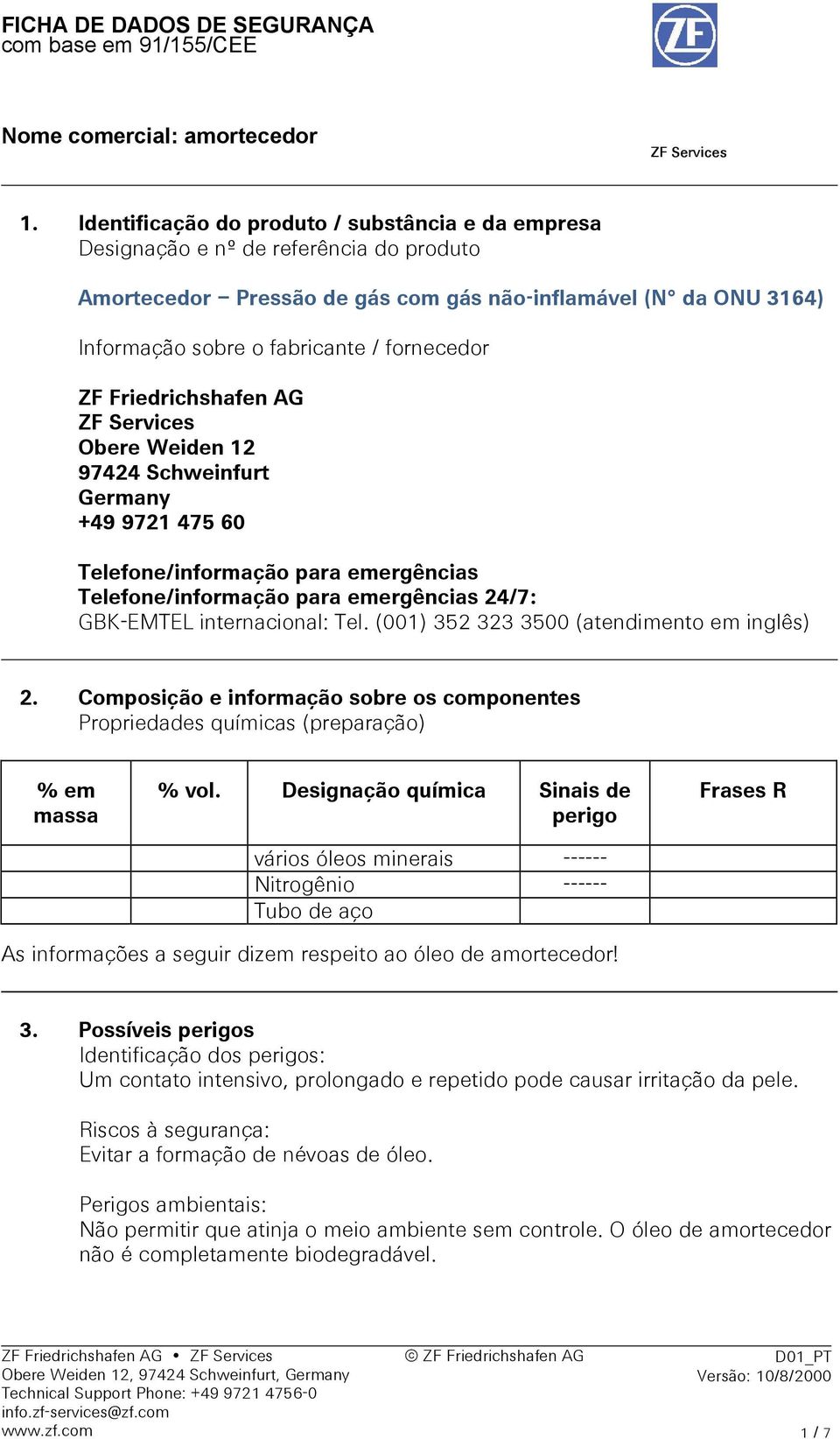 (001) 352 323 3500 (atendimento em inglês) 2. Composição e informação sobre os componentes Propriedades químicas (preparação) % em massa % vol.