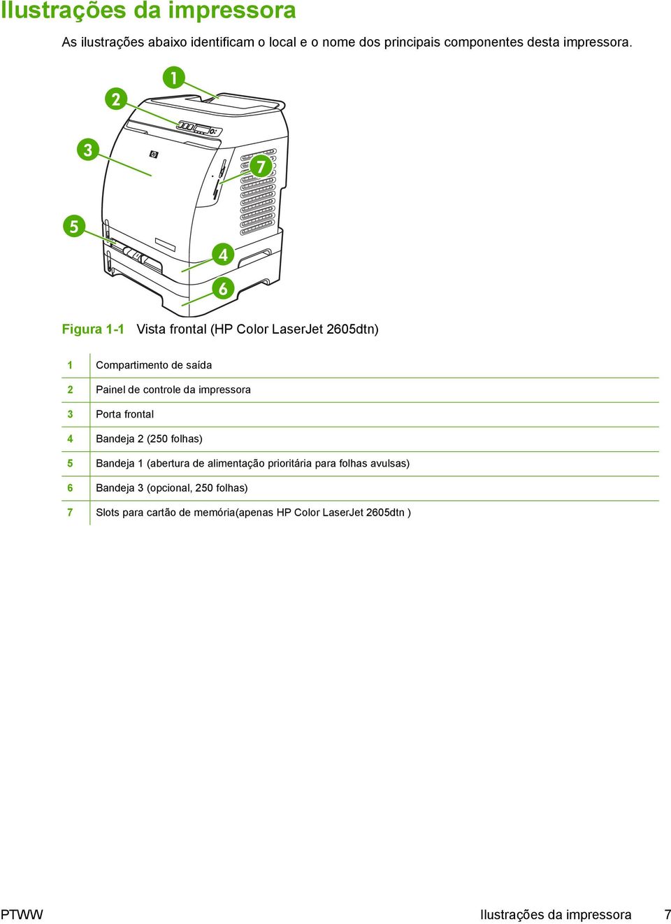Figura 1-1 Vista frontal (HP Color LaserJet 2605dtn) 1 Compartimento de saída 2 Painel de controle da impressora 3