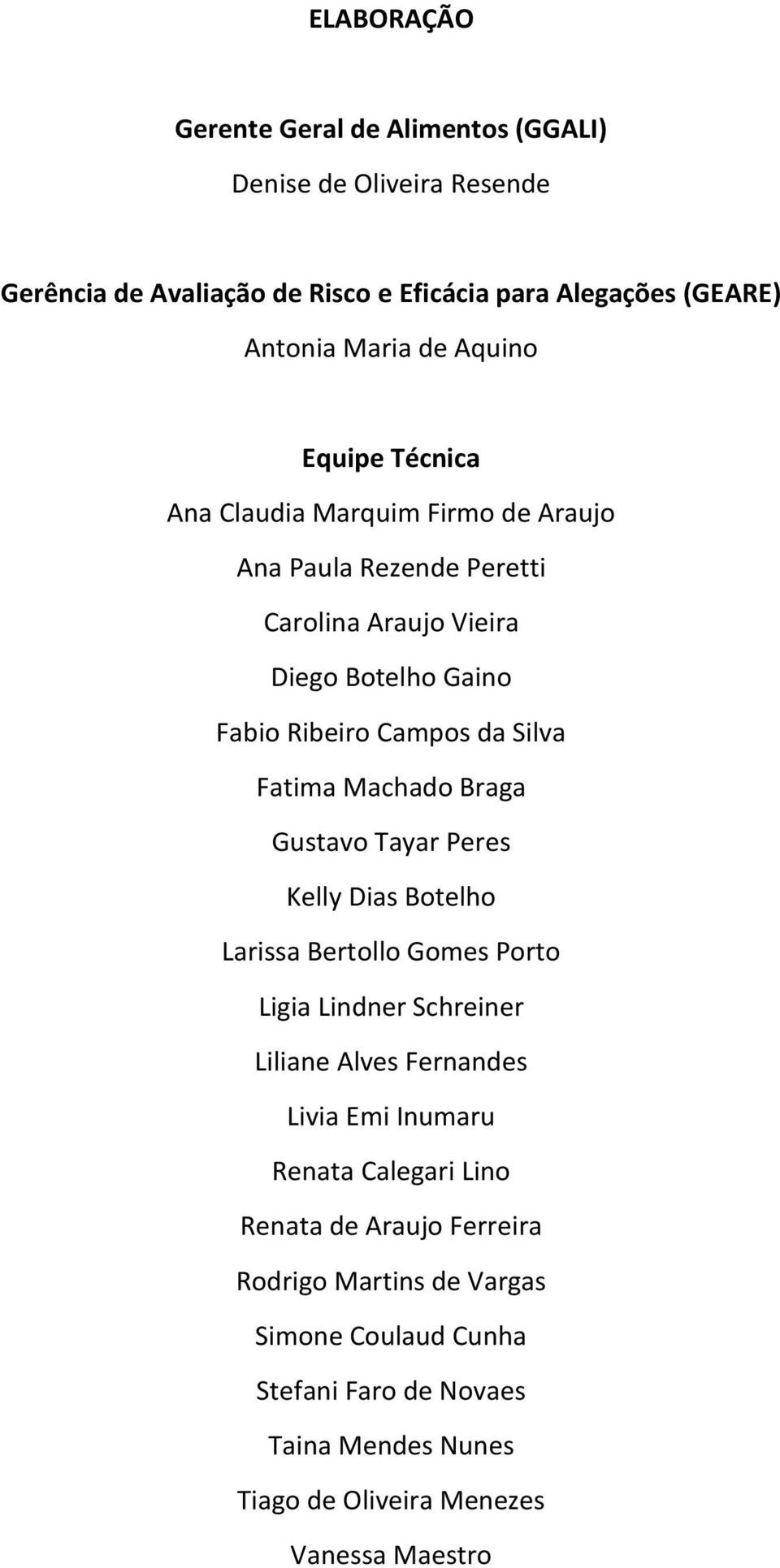 Fatima Machado Braga Gustavo Tayar Peres Kelly Dias Botelho Larissa Bertollo Gomes Porto Ligia Lindner Schreiner Liliane Alves Fernandes Livia Emi Inumaru