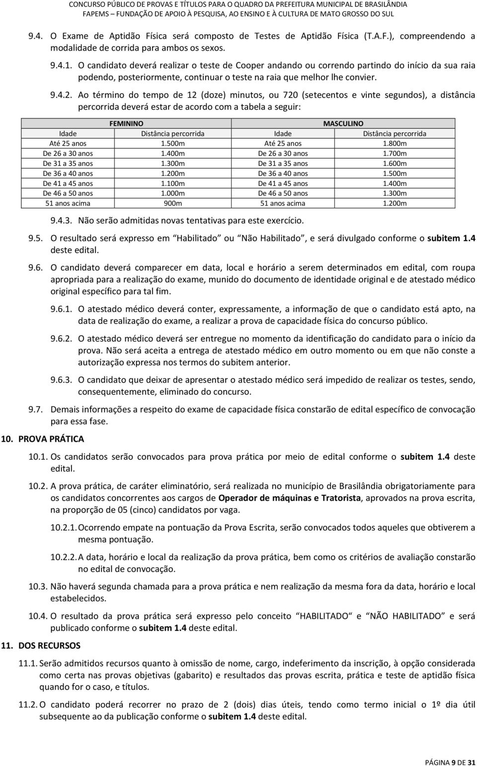 Ao término do tempo de 12 (doze) minutos, ou 720 (setecentos e vinte segundos), a distância percorrida deverá estar de acordo com a tabela a seguir: FEMININO MASCULINO Idade Distância percorrida