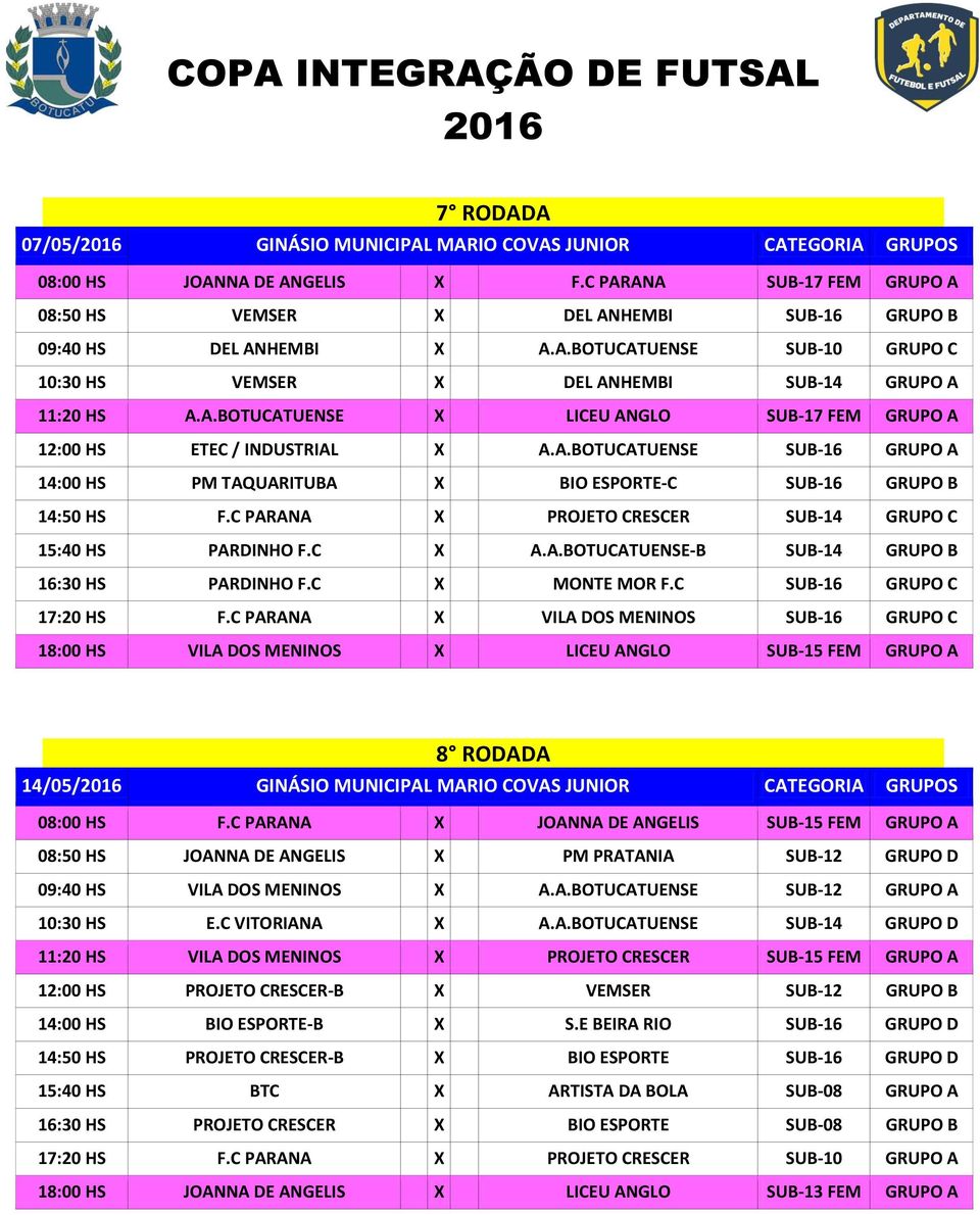 C PARANA X PROJETO CRESCER SUB-14 GRUPO C 15:40 HS PARDINHO F.C X A.A.BOTUCATUENSE-B SUB-14 GRUPO B 16:30 HS PARDINHO F.C X MONTE MOR F.C SUB-16 GRUPO C 17:20 HS F.