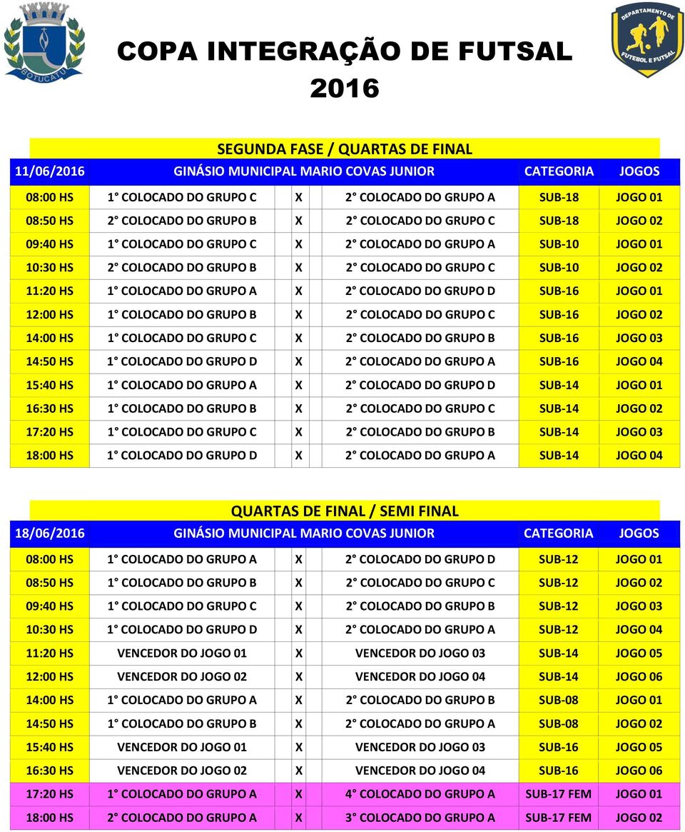 GRUPO A X 2 COLOCADO DO GRUPO D SUB-16 JOGO 01 12:00 HS 1 COLOCADO DO GRUPO B X 2 COLOCADO DO GRUPO C SUB-16 JOGO 02 14:00 HS 1 COLOCADO DO GRUPO C X 2 COLOCADO DO GRUPO B SUB-16 JOGO 03 14:50 HS 1