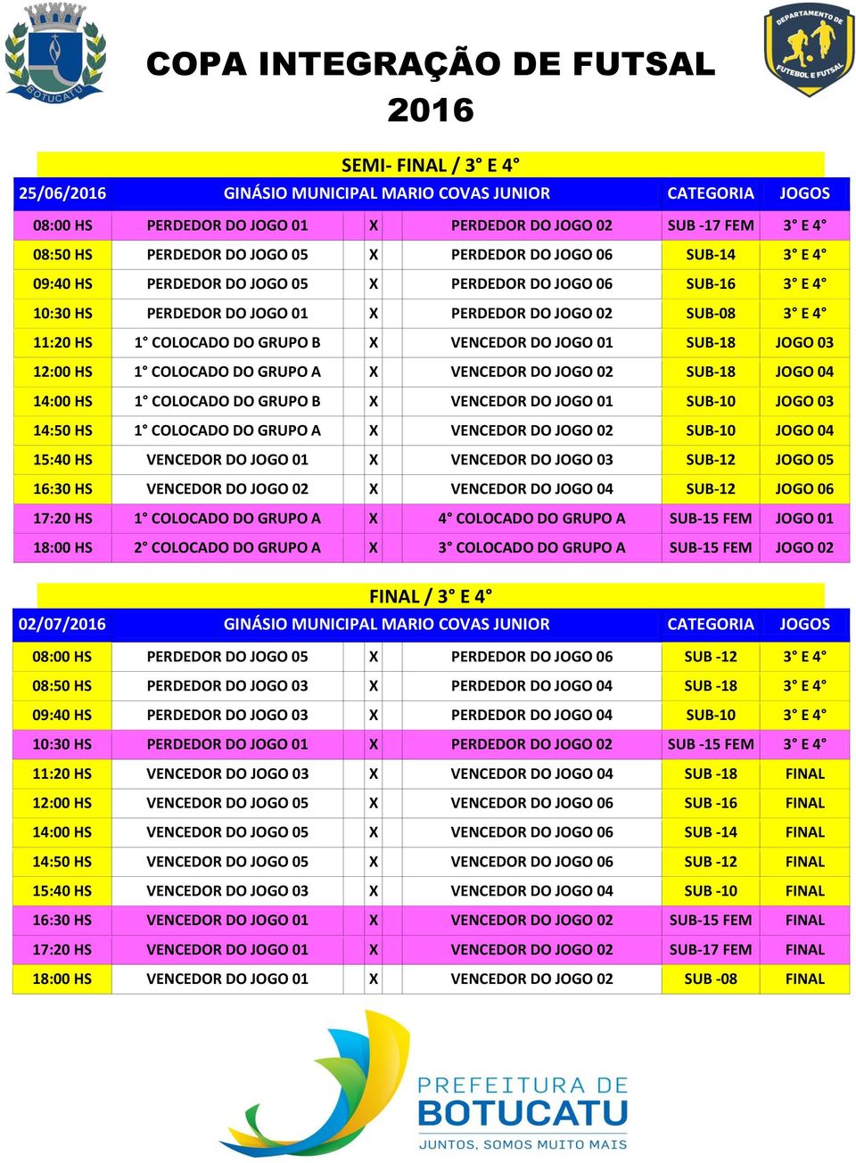 SUB-18 JOGO 03 12:00 HS 1 COLOCADO DO GRUPO A X VENCEDOR DO JOGO 02 SUB-18 JOGO 04 14:00 HS 1 COLOCADO DO GRUPO B X VENCEDOR DO JOGO 01 SUB-10 JOGO 03 14:50 HS 1 COLOCADO DO GRUPO A X VENCEDOR DO