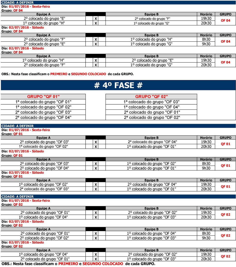 colocado do grupo "G" 20h30 OF 04 OBS.: Nesta fase classificam o PRIMEIRO e SEGUNDO COLOCADO de cada GRUPO.