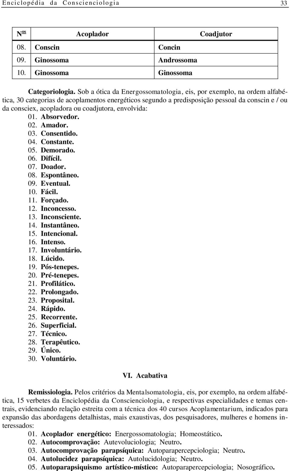 coadjutora, envolvida: 01. Absorvedor. 02. Amador. 03. Consentido. 04. Constante. 05. Demorado. 06. Difícil. 07. Doador. 08. Espontâneo. 09. Eventual. 10. Fácil. 11. Forçado. 12. Inconcesso. 13.