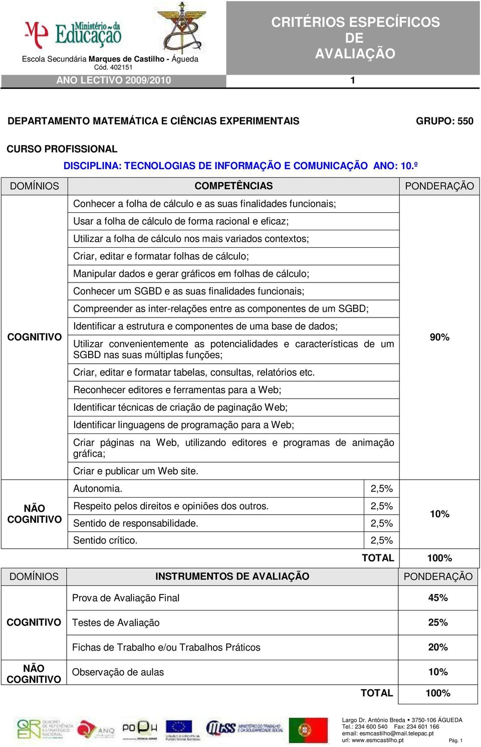 contextos; Criar, editar e formatar folhas de cálculo; Manipular dados e gerar gráficos em folhas de cálculo; Conhecer um SGBD e as suas finalidades funcionais; Compreender as inter-relações entre as