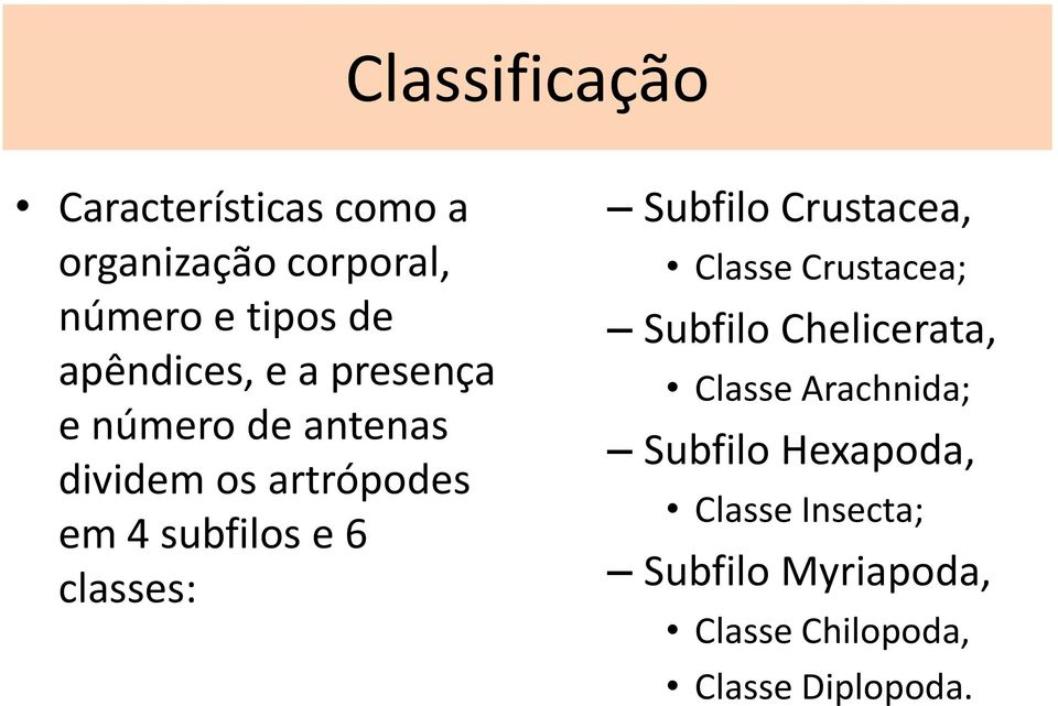classes: Subfilo Crustacea, Classe Crustacea; Subfilo Chelicerata, Classe