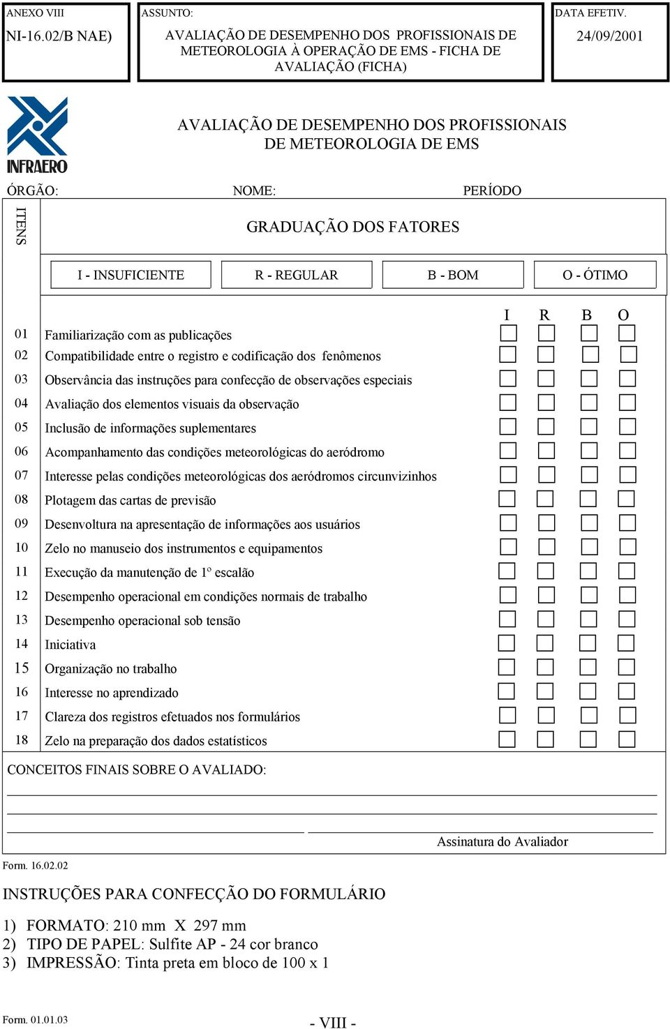 PERÍODO ITENS GRADUAÇÃO DOS FATORES I - INSUFICIENTE R - REGULAR B - BOM O - ÓTIMO 01 Familiarização com as publicações 02 Compatibilidade entre o registro e codificação dos fenômenos I R B O 03