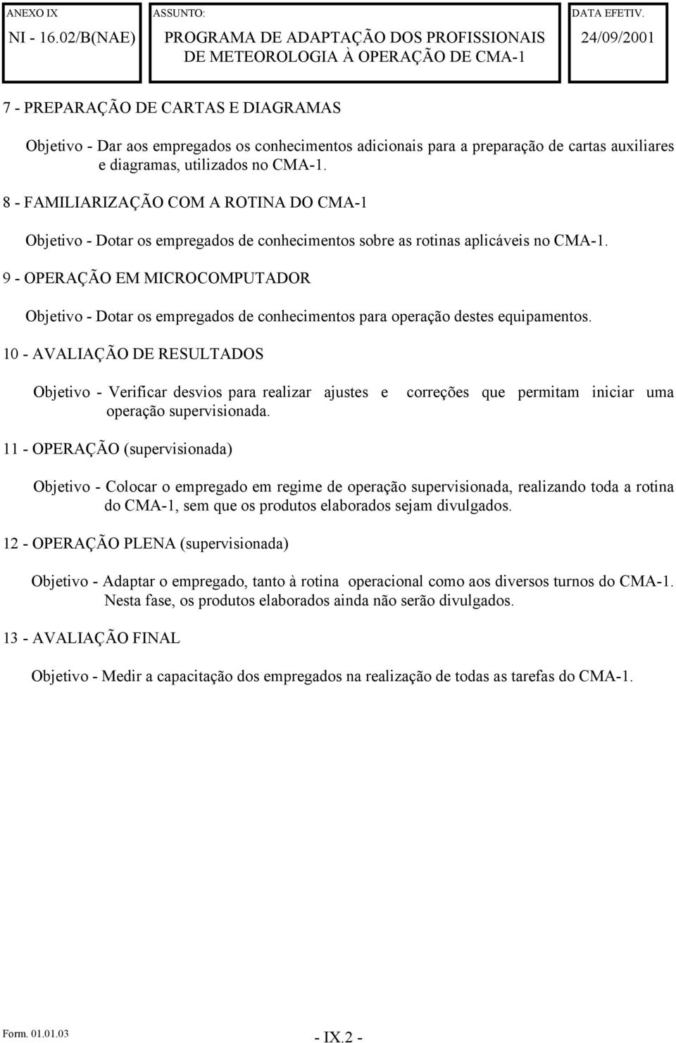 de cartas auxiliares e diagramas, utilizados no CMA-1. 8 - FAMILIARIZAÇÃO COM A ROTINA DO CMA-1 Objetivo - Dotar os empregados de conhecimentos sobre as rotinas aplicáveis no CMA-1.