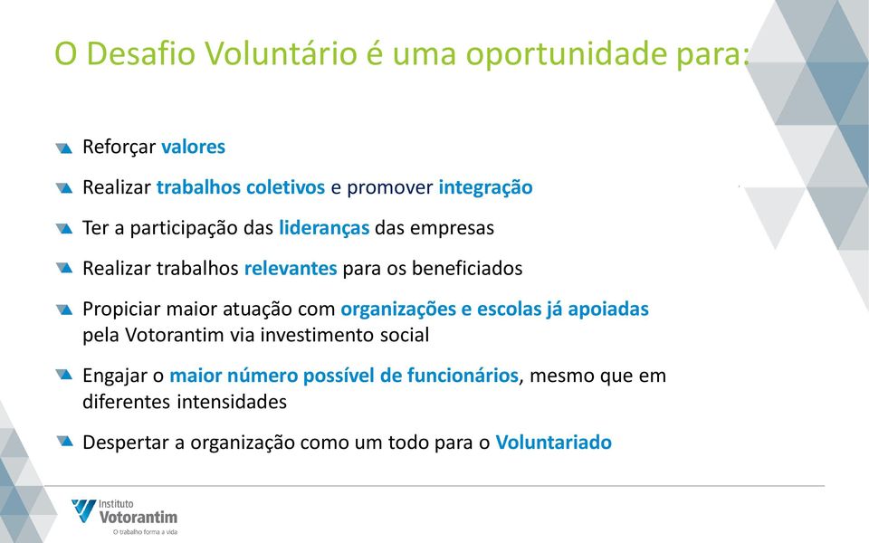 atuação com organizações e escolas já apoiadas pela Votorantim via investimento social Engajar o maior número