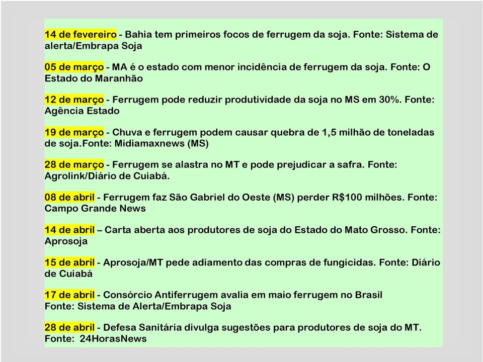 Fonte: Agência Estado 19 de março - Chuva e ferrugem podem causar quebra de 1,5 milhão de toneladas de soja.fonte: Midiamaxnews (MS) 28 de março - Ferrugem se alastra no MT e pode prejudicar a safra.