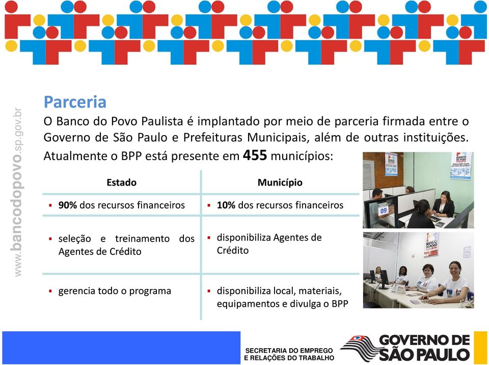 Atualmente o BPP está presente em 455 municípios: Estado 90% dos recursos financeiros seleção e treinamento dos