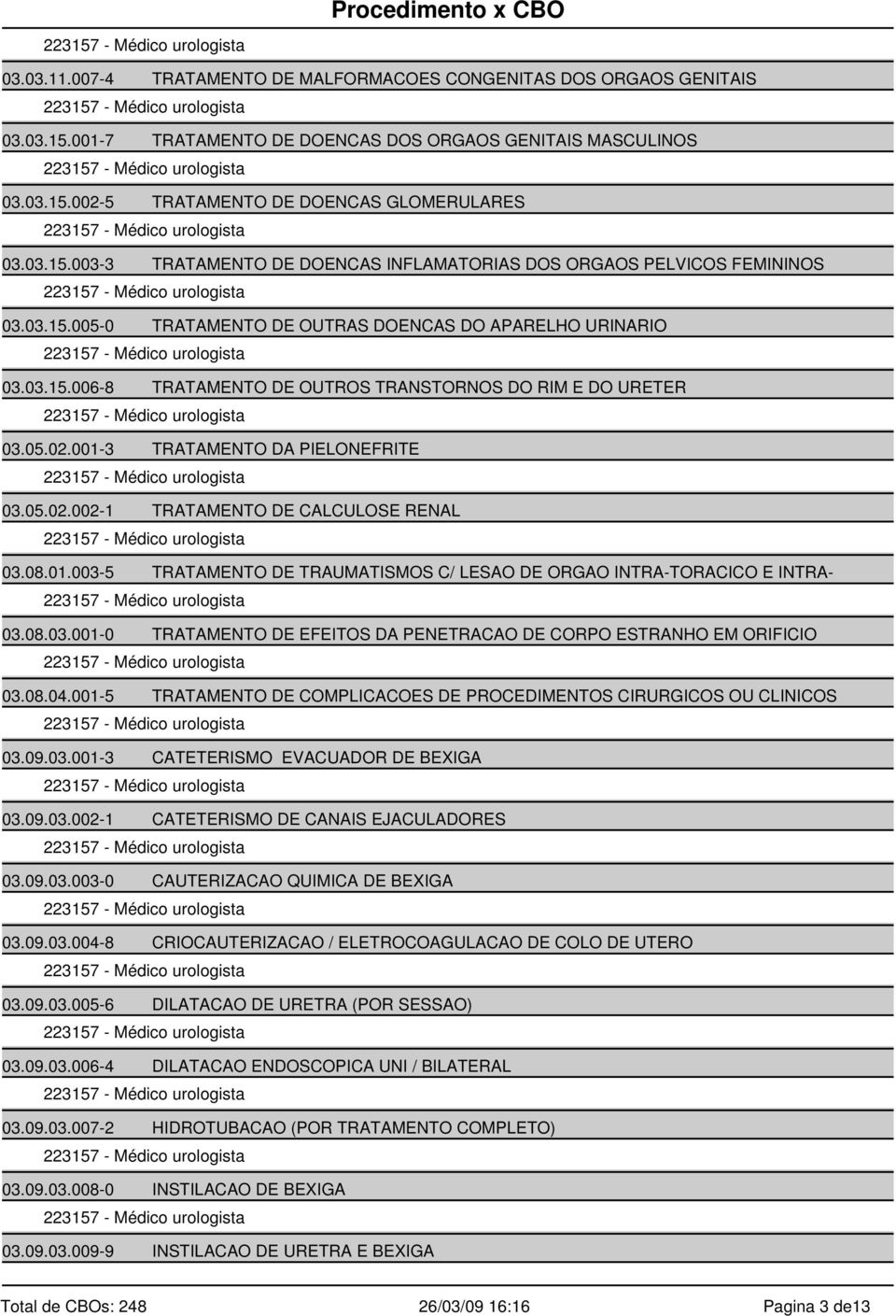 08.01.003-5 TRATAMENTO DE TRAUMATISMOS C/ LESAO DE ORGAO INTRA-TORACICO E INTRA- 03.08.03.001-0 TRATAMENTO DE EFEITOS DA PENETRACAO DE CORPO ESTRANHO EM ORIFICIO 03.08.04.