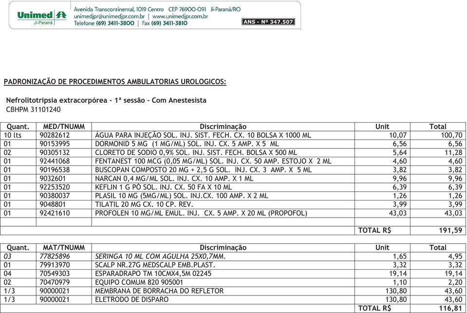 X 5 ML 6,56 6,56 02 90305132 CLORETO DE SODIO 0,9% SOL. INJ. SIST. FECH. BOLSA X 500 ML 5,64 11,28 01 92441068 FENTANEST 100 MCG (0,05 MG/ML) SOL. INJ. CX. 50 AMP.