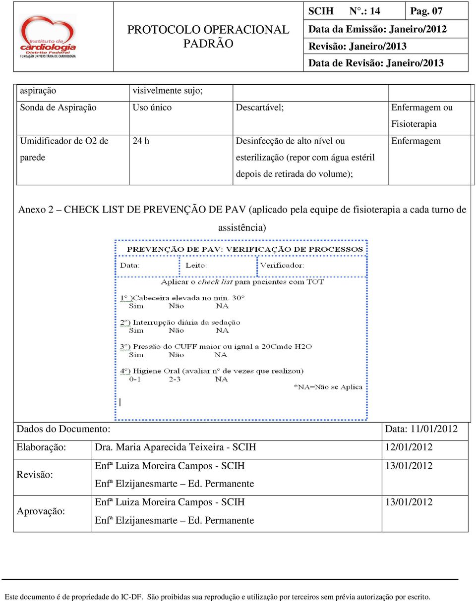 a cada turno de assistência) Dados do Documento: Data: 11/01/2012 Elaboração: Dra.