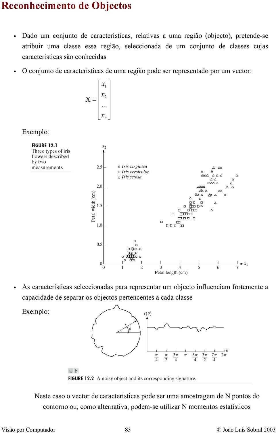 .. x n Exemplo: As características seleccionadas para representar um objecto influenciam fortemente a capacidade de separar os objectos pertencentes a cada classe