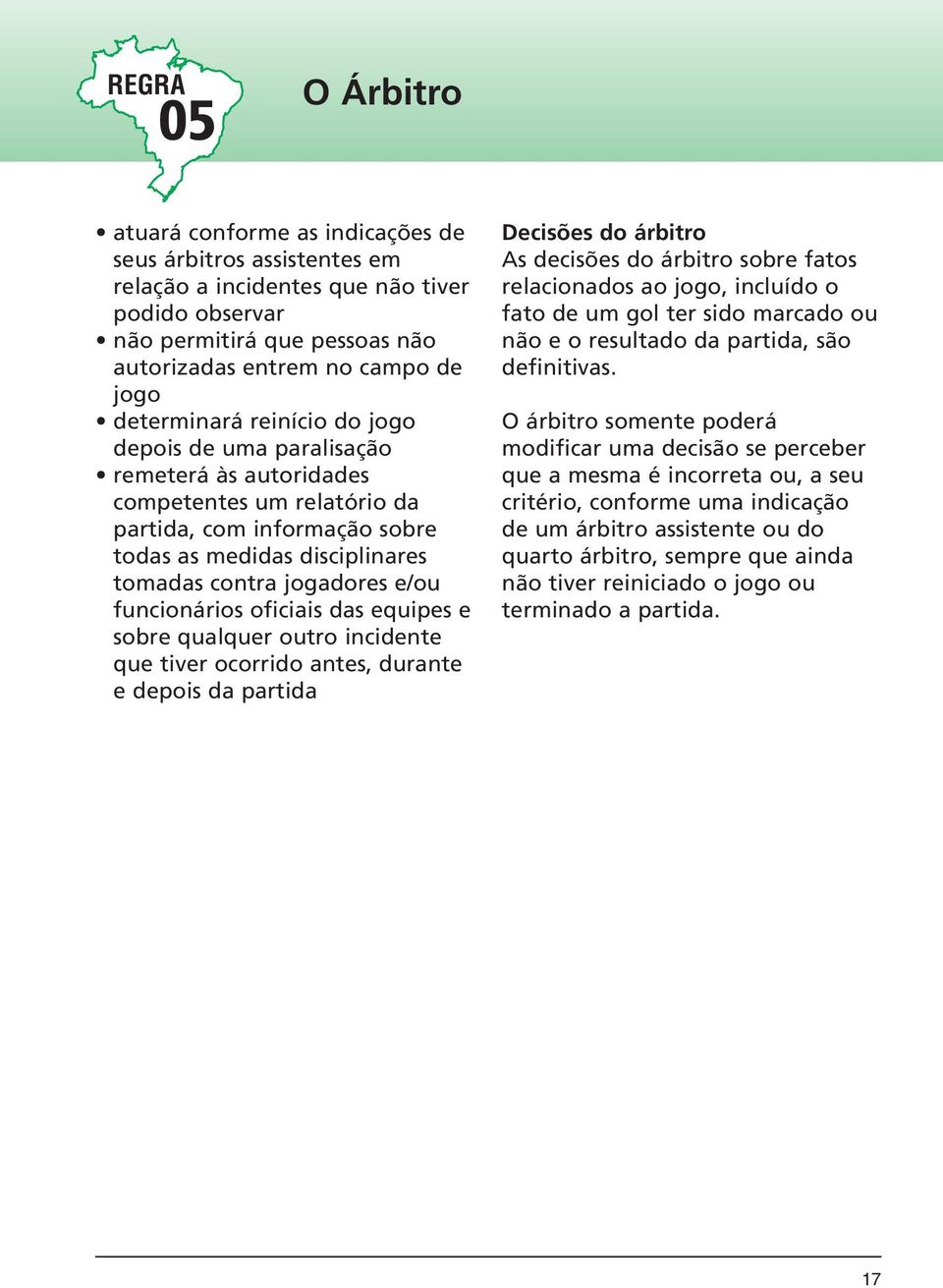 funcionários oficiais das equipes e sobre qualquer outro incidente que tiver ocorrido antes, durante e depois da partida Decisões do árbitro As decisões do árbitro sobre fatos relacionados ao jogo,