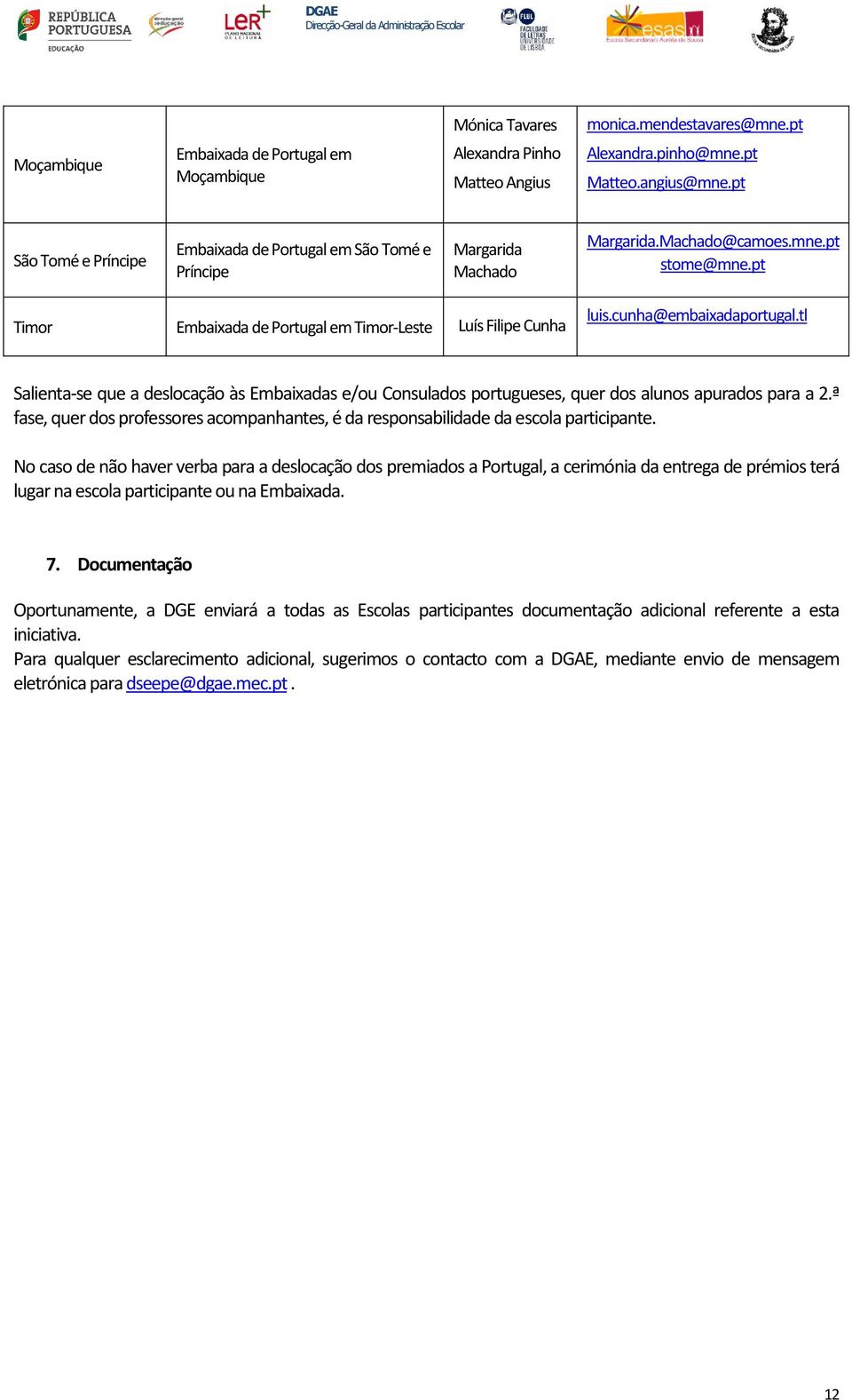 cunha@embaixadaportugal.tl Salienta-se que a deslocação às Embaixadas e/ou Consulados portugueses, quer dos alunos apurados para a 2.