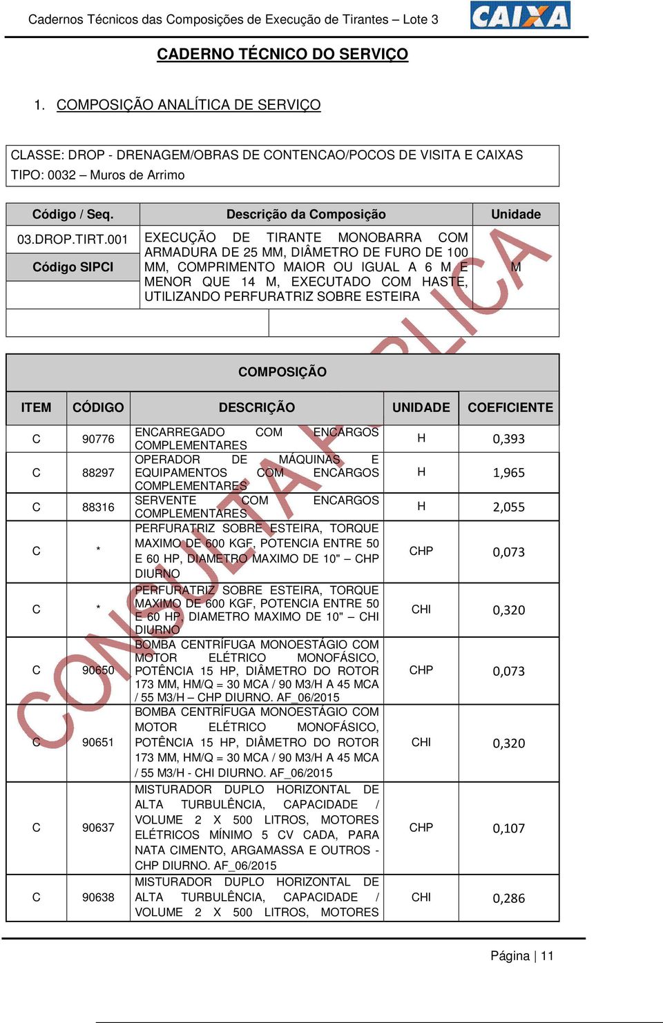 001 Código SIPCI EXECUÇÃO DE TIRANTE MONOBARRA COM ARMADURA DE 25 MM, DIÂMETRO DE FURO DE 100 MM, COMPRIMENTO MAIOR OU IGUAL A 6 M E MENOR QUE 14 M, EXECUTADO COM HASTE, UTILIZANDO PERFURATRIZ SOBRE