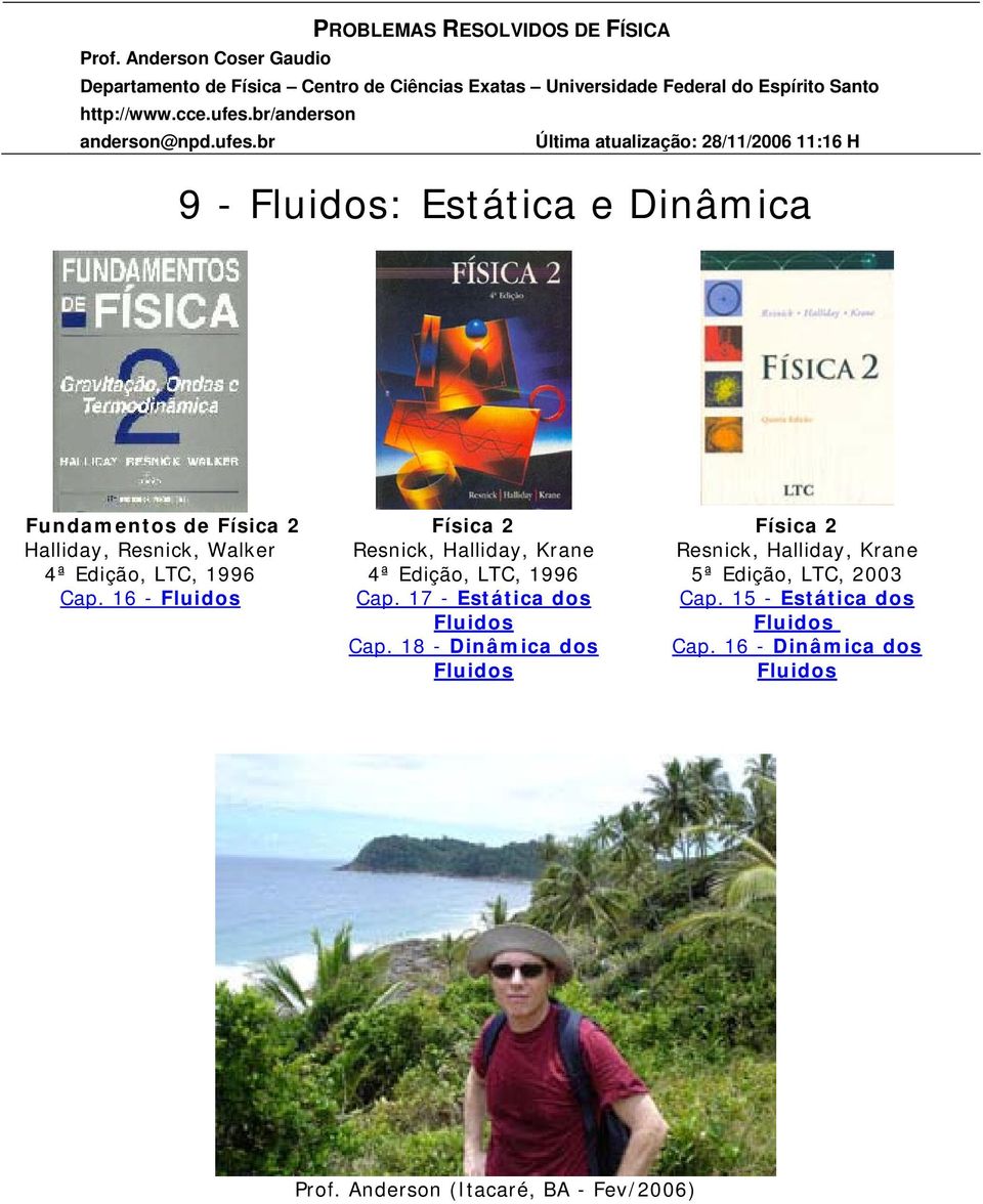 ufes.br Última atualização: 8/11/006 11:16 H 9 - Fluidos: Estática e Dinâmica Fundamentos de Física Hallida, Resnick, Walker 4ª Edição, LTC, 1996 Cap.