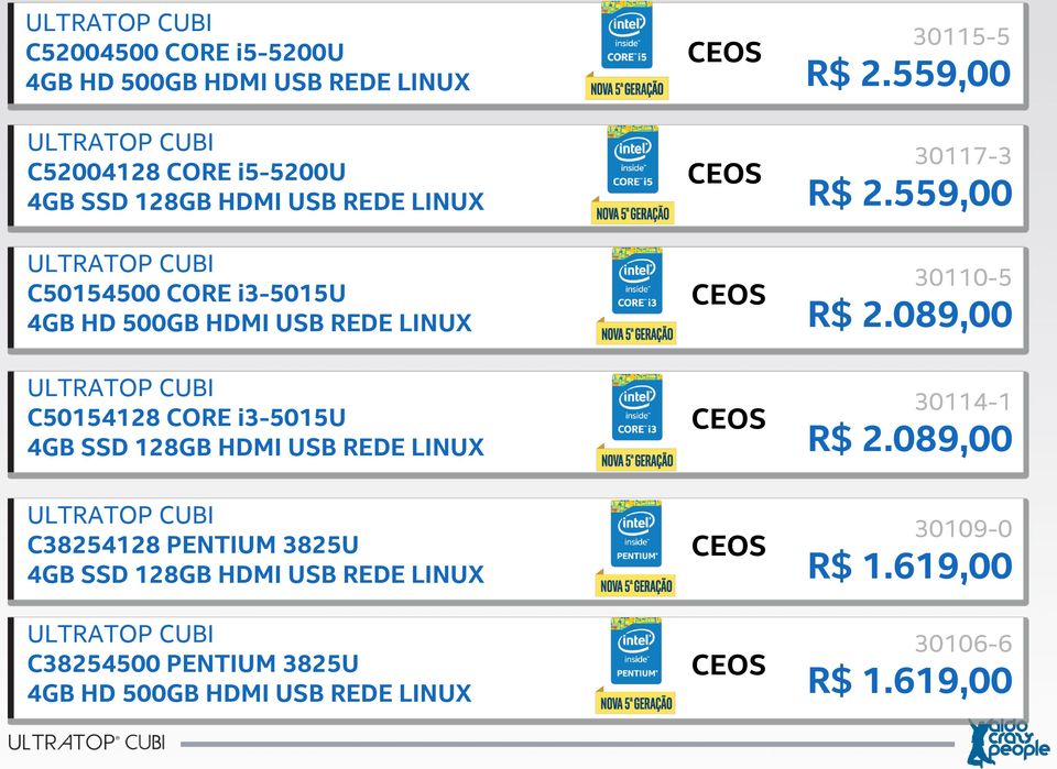 559,00 C50154500 CORE i3-5015u LINUX 30110-5 R$ 2.