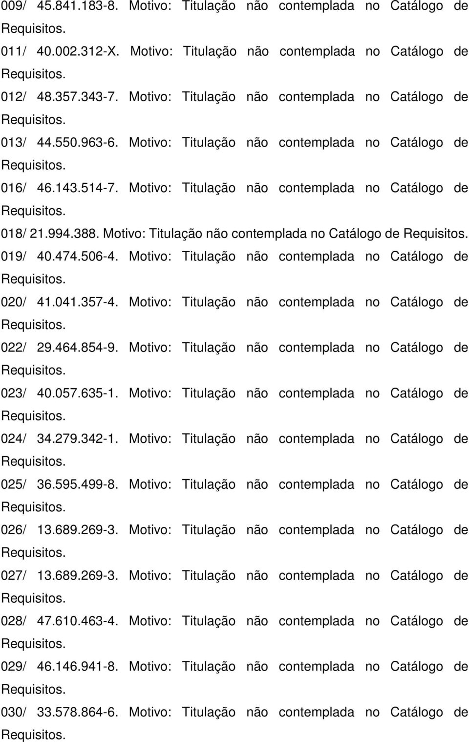 388. Motivo: Titulação não contemplada no Catálogo de 019/ 40.474.506-4. Motivo: Titulação não contemplada no Catálogo de 020/ 41.041.357-4. Motivo: Titulação não contemplada no Catálogo de 022/ 29.