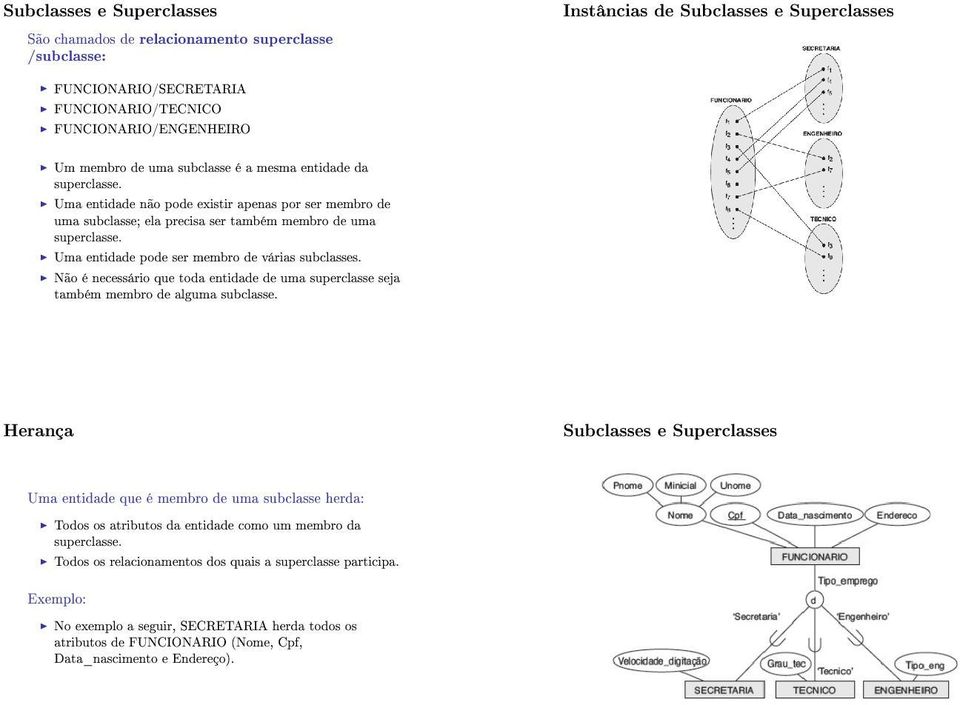 Uma entidade pode ser membro de várias subclasses. Não é necessário que toda entidade de uma superclasse seja também membro de alguma subclasse.