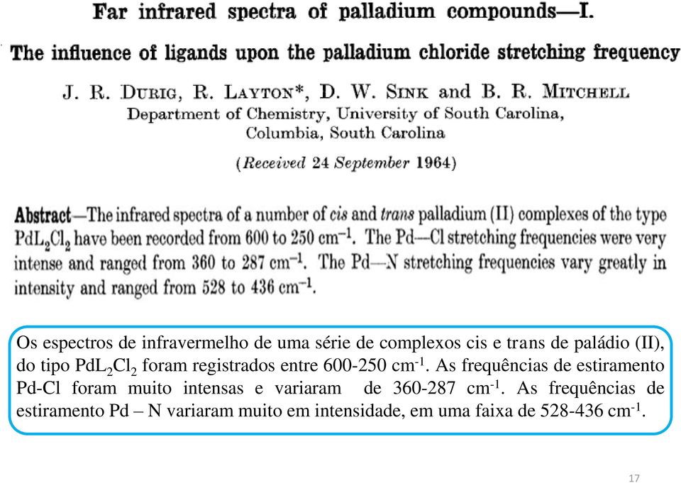 As frequências de estiramento Pd-Cl foram muito intensas e variaram de 360-287 cm