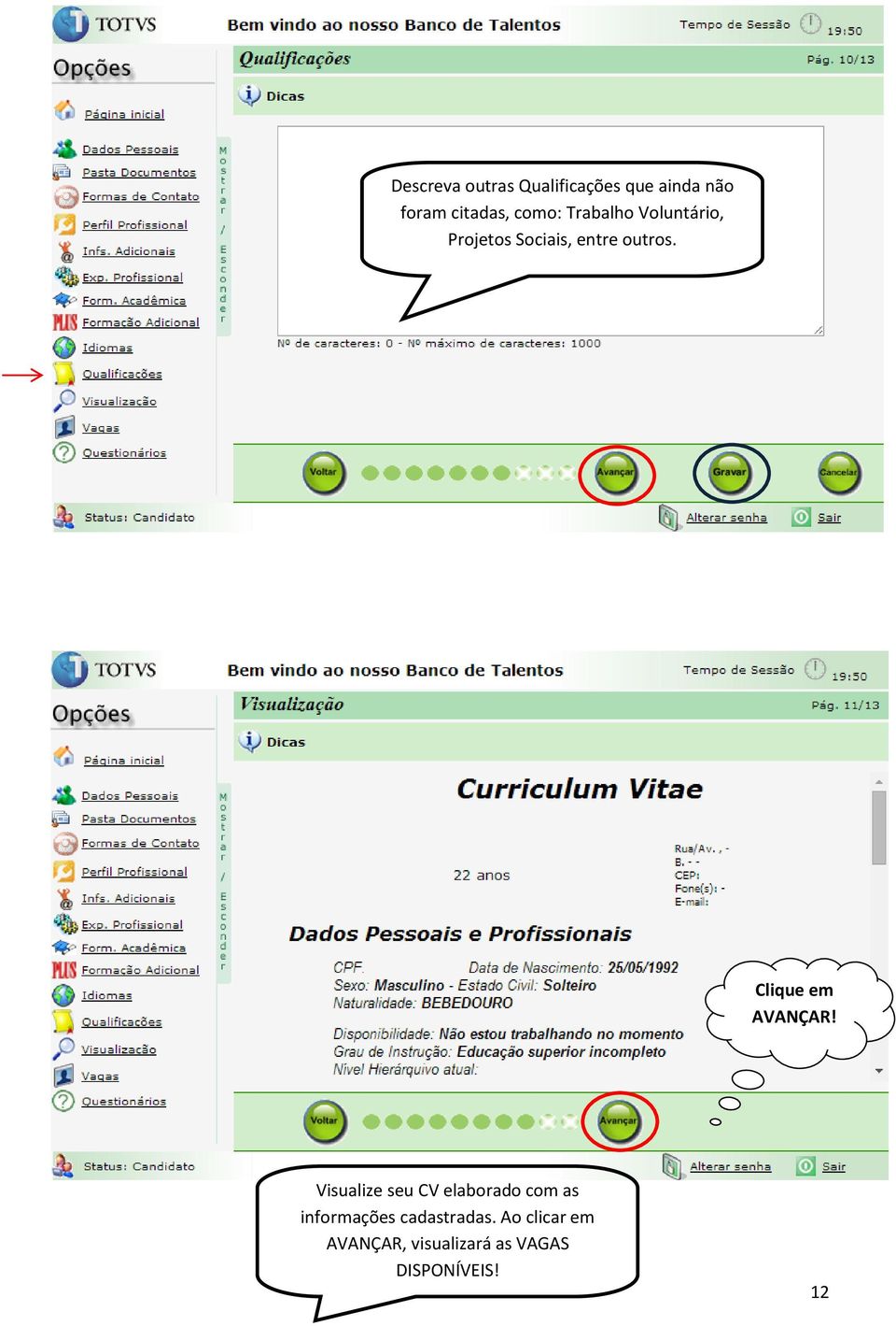 Visualize seu CV elaborado com as informações cadastradas.