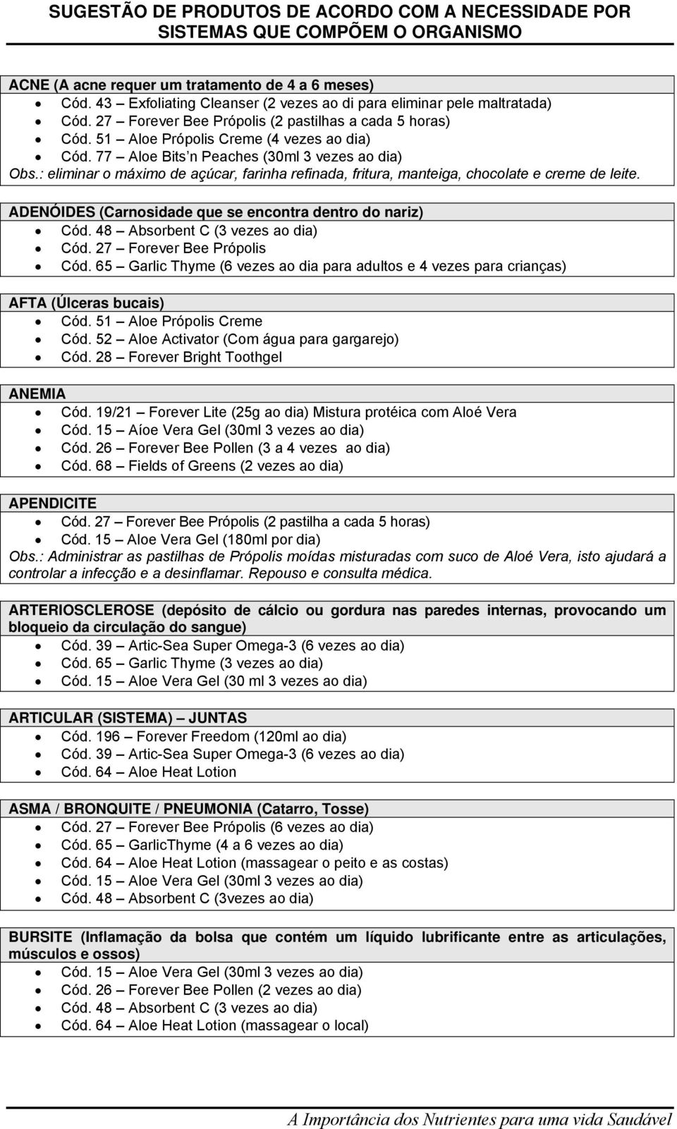 ADENÓIDES (Carnosidade que se encontra dentro do nariz) Cód. 27 Forever Bee Própolis Cód. 65 Garlic Thyme (6 vezes ao dia para adultos e 4 vezes para crianças) AFTA (Úlceras bucais) Cód.