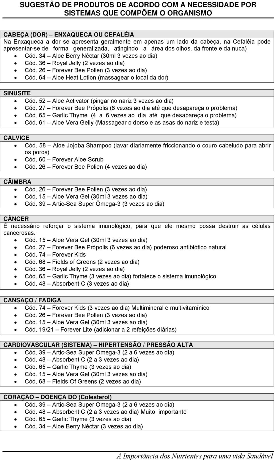 52 Aloe Activator (pingar no nariz 3 vezes ao dia) Cód. 27 Forever Bee Própolis (6 vezes ao dia até que desapareça o problema) Cód.