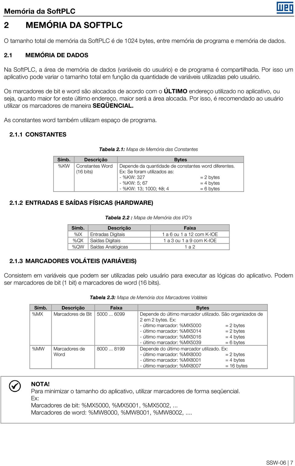 Os marcadores de bit e word são alocados de acordo com o ÚLTIMO endereço utilizado no aplicativo, ou seja, quanto maior for este último endereço, maior será a área alocada.