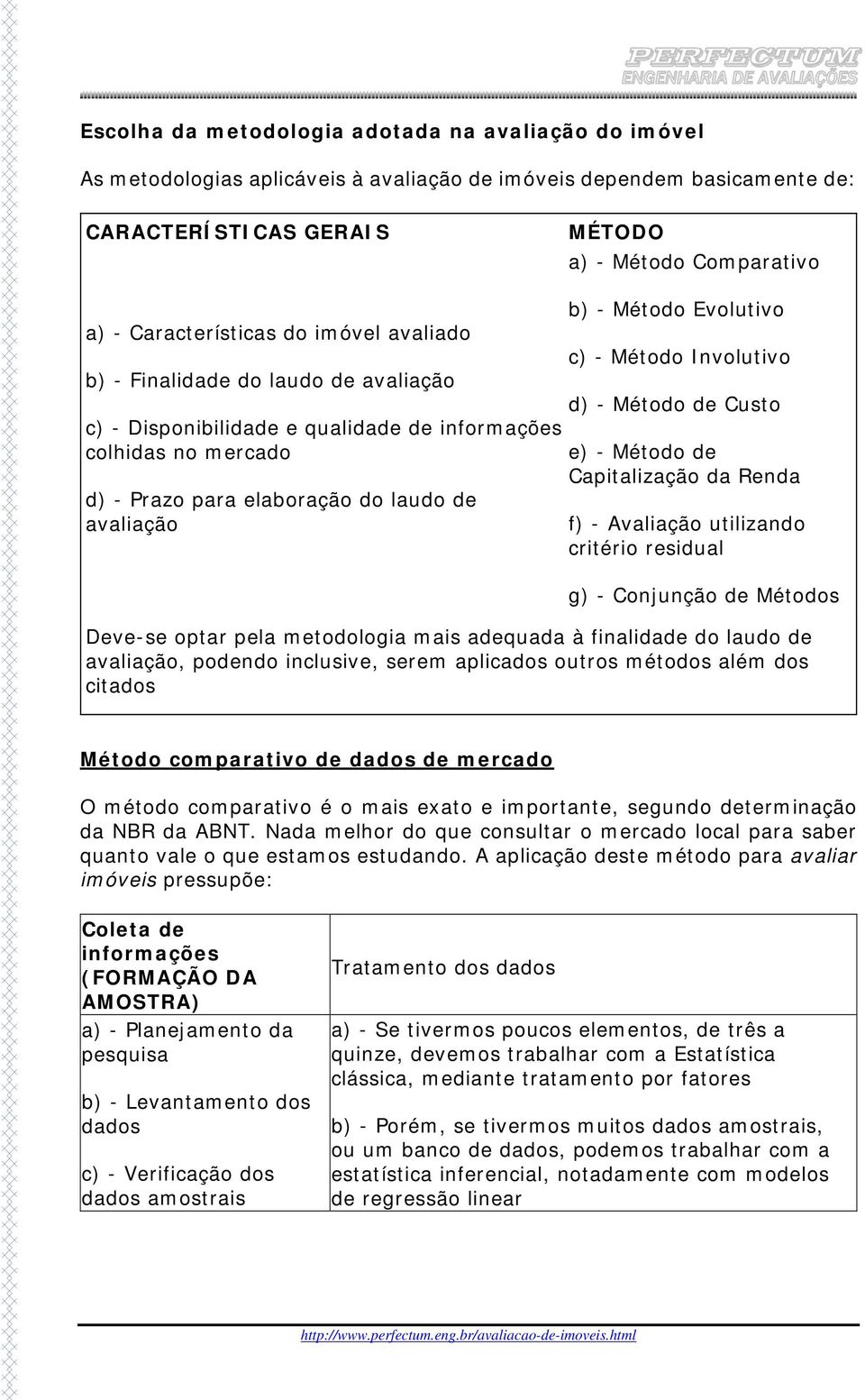 Método Evolutivo c) - Método Involutivo d) - Método de Custo e) - Método de Capitalização da Renda f) - Avaliação utilizando critério residual g) - Conjunção de Métodos Deve-se optar pela metodologia