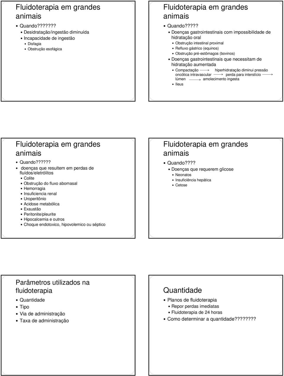 necessitam de hidratação aumentada Compactação hiperhidratação diminui pressão oncótica intravascular perda para interstício lúmen amolecimento ingesta Ileus Fluidoterapia em grandes animais Quando?