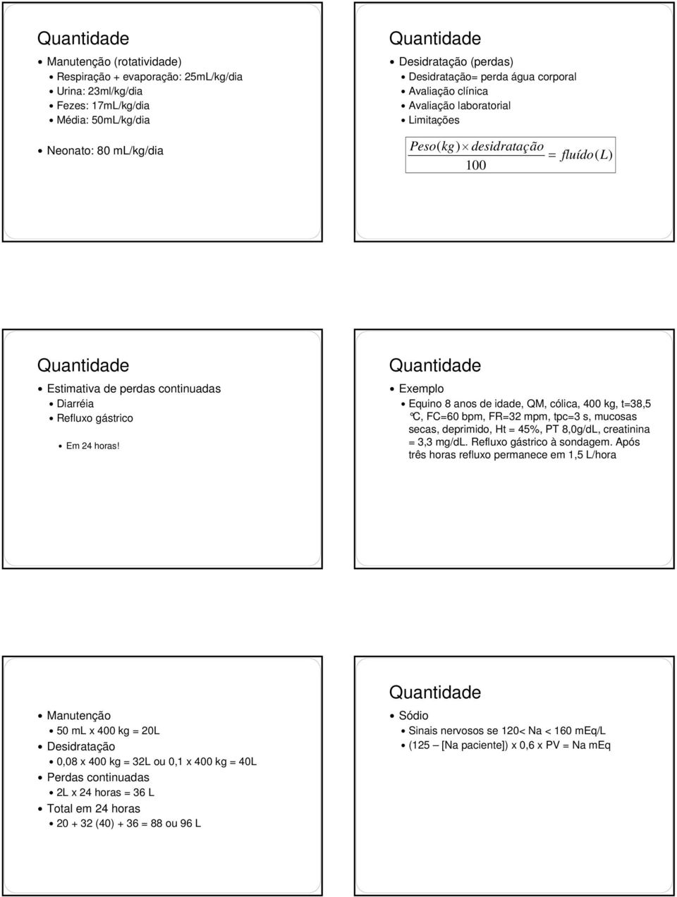 Quantidade Exemplo Equino 8 anos de idade, QM, cólica, 400 kg, t=8,5 C, FC=60 bpm, FR=2 mpm, tpc= s, mucosas secas, deprimido, Ht = 45%, PT 8,0g/dL, creatinina =, mg/dl. Refluxo gástrico à sondagem.