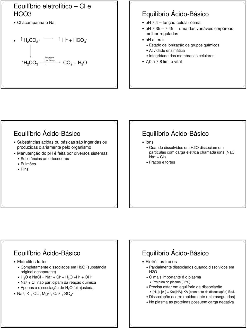 ou básicas são ingeridas ou produzidas diariamente pelo organismo Manutenção do ph é feita por diversos sistemas Substâncias amortecedoras Pulmões Rins Equilíbrio Ácido-Básico Ions Quando dissolvidos