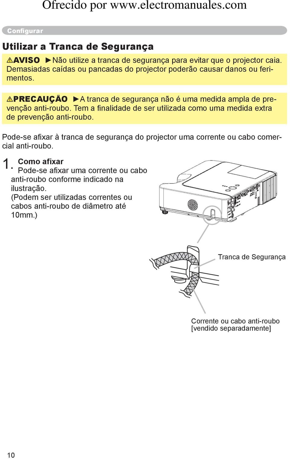 Tem a finalidade de ser utilizada como uma medida extra de prevenção anti-roubo. Pode-se afixar à tranca de segurança do projector uma corrente ou cabo comercial anti-roubo.