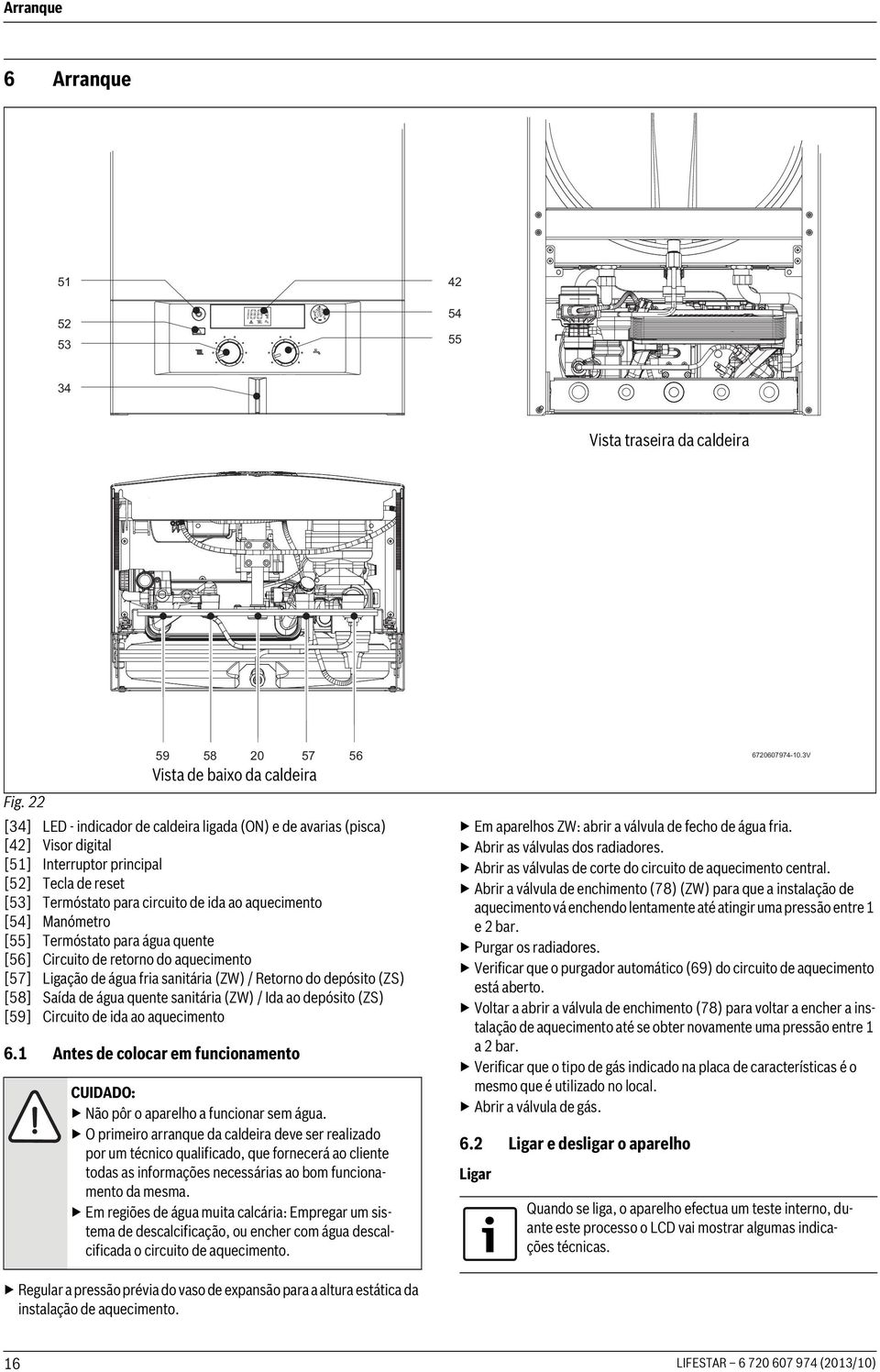 Manómetro [55] Termóstato para água quente [56] Circuito de retorno do aquecimento [57] Ligação de água fria sanitária (ZW) / Retorno do depósito (ZS) [58] Saída de água quente sanitária (ZW) / Ida