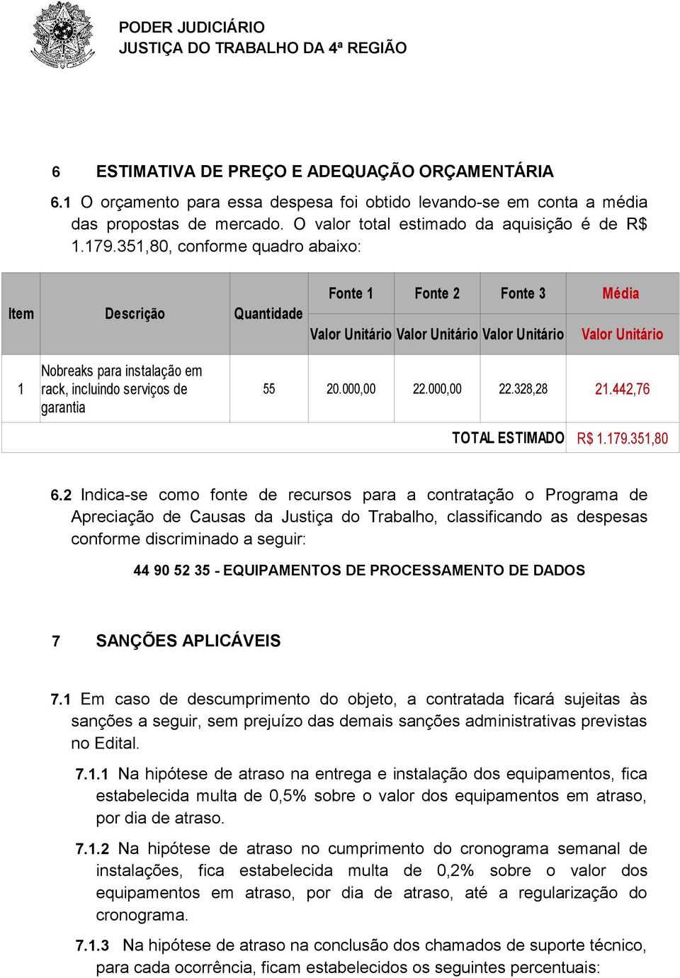 serviços de 55 20.000,00 22.000,00 22.328,28 21.442,76 garantia TOTAL ESTIMADO R$ 1.179.351,80 6.