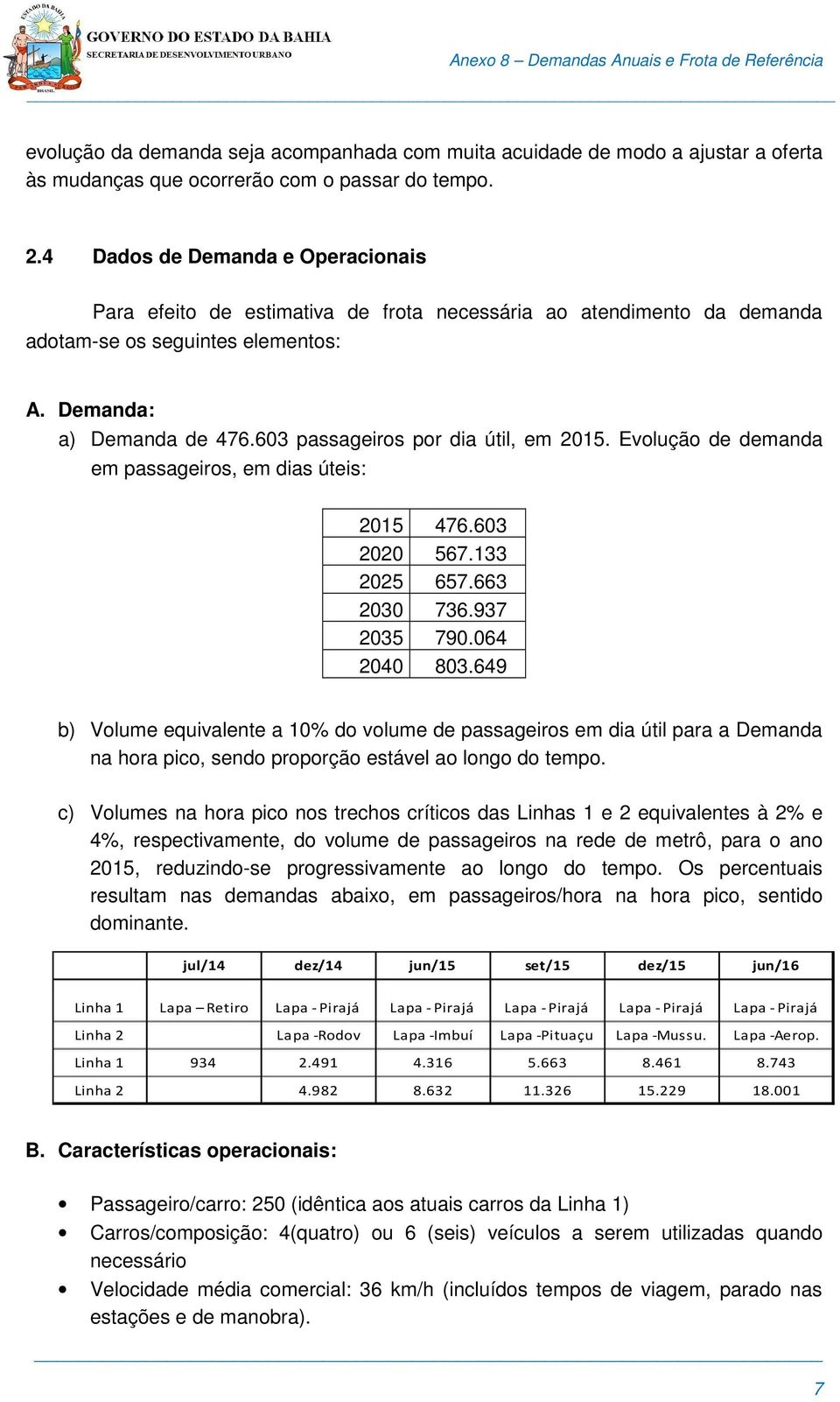 603 passageiros por dia útil, em 2015. Evolução de demanda em passageiros, em dias úteis: 2015 476.603 2020 567.133 2025 657.663 2030 736.937 2035 790.064 2040 803.